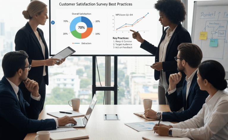 A business team discusses Customer Satisfaction Survey Best Practices in a modern meeting room, analyzing data visuals and key strategies on a large screen.
