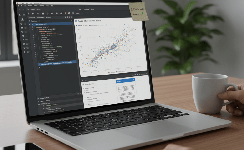 A laptop displaying completed R Studio analysis with a "Done!" sticky note, symbolizing a successful outcome from a "Do My R Studio Homework for Me" service.