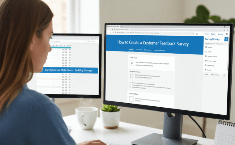 A user actively learns How to Create a Customer Feedback Survey in SurveyMonkey, with the platform open on one screen and a help guide on another.