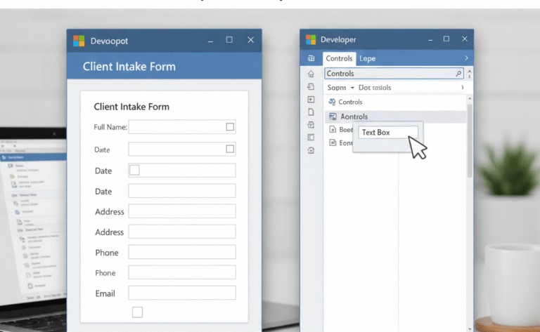 How to Make a Fillable PDF in Word: A screenshot showing a client intake form in Microsoft Word on the left, and the Developer tab's 'Controls' panel on the right, illustrating the process of adding interactive form fields.