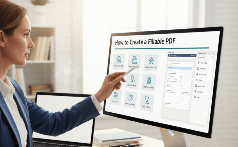 Professional designer creating a fillable PDF in Adobe Acrobat on a desktop computer for survey and data collection purposes.