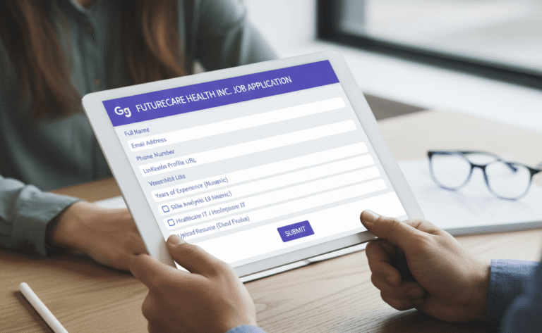 Person filling out a job application on Google Forms using a tablet during an interview process.