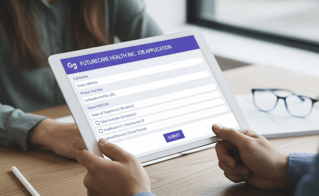 Person filling out a job application on Google Forms using a tablet during an interview process.