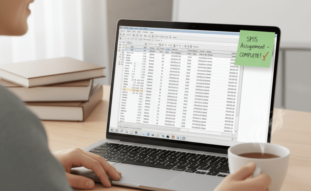 A student looking relieved at a laptop displaying a completed SPSS assignment with a "COMPLETE!" note, representing the success of using a "Pay Someone to Do My SPSS Assignment" service.