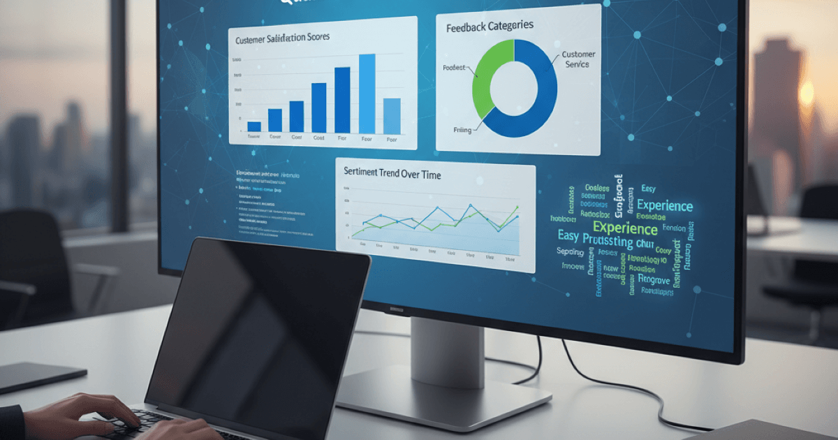 Professional conducting Qualtrics survey analysis using data visualization charts and feedback metrics on a large monitor in a modern office setting.