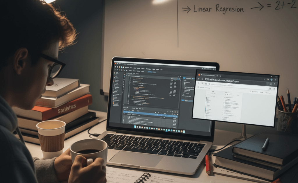 A student is working on their R Studio homework help, surrounded by books and notes, with a laptop displaying R Studio code and a second monitor showing a help forum.