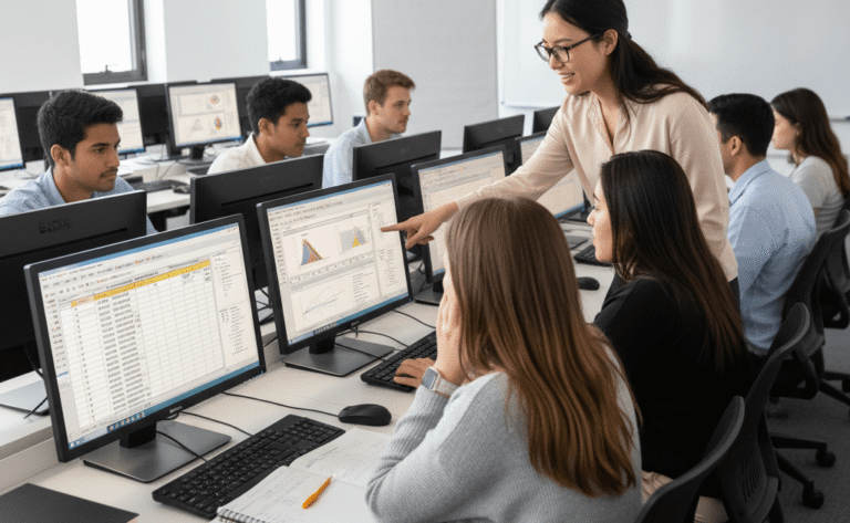 A diverse group of students engaged in SPSS Lab Exercises in a classroom, receiving guidance from an instructor on their computer screens.