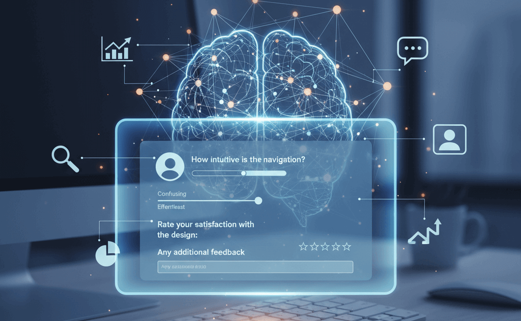 A digital interface displaying software user experience survey questions on navigation and design satisfaction, symbolizing UX feedback and analysis.