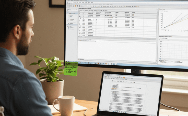 A focused freelancer meticulously working on SPSS Dissertation Help, analyzing data and drafting content for a complex academic project.