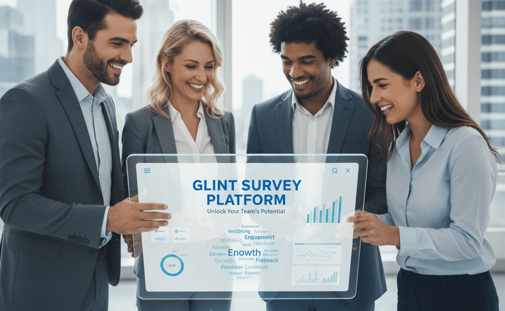 Four smiling business professionals in an office setting gather around a large, transparent screen displaying the "Glint Survey Platform" interface with various data visualizations and a word cloud.