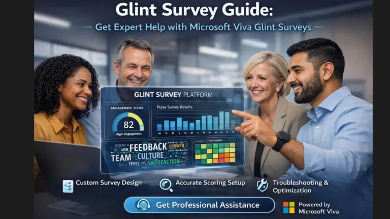 Professionals reviewing Microsoft Viva Glint survey dashboards on a digital screen with a call to action offering expert help for survey setup, scoring, and troubleshooting.