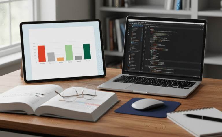 A desk with a tablet displaying a bar chart representing Likert scale data, a laptop with R code, an open book, glasses, a notepad, and a coffee cup, illustrating How to Analyze Likert Scale Data in R.