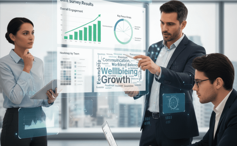 Three business professionals analyze "Glint Survey Results" displayed on a large holographic screen showing engagement graphs, key focus areas, and a heatmap, with one pointing to a word cloud.