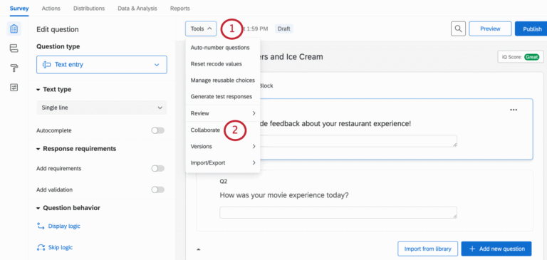 Qualtrics collaboration menu showing how to access the Collaborate option through the Tools dropdown.