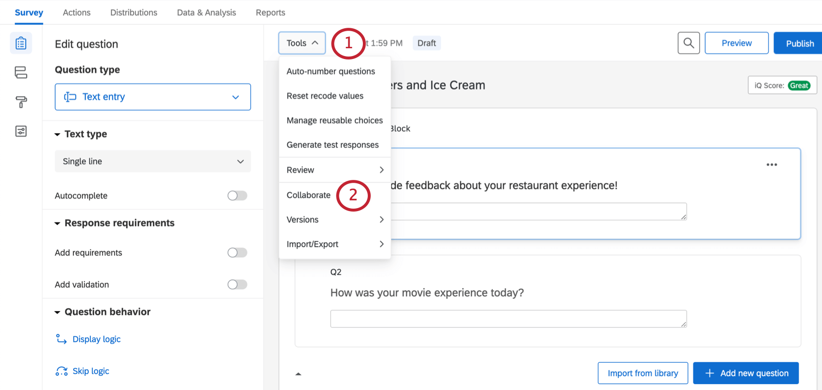 Qualtrics collaboration menu showing how to access the Collaborate option through the Tools dropdown.