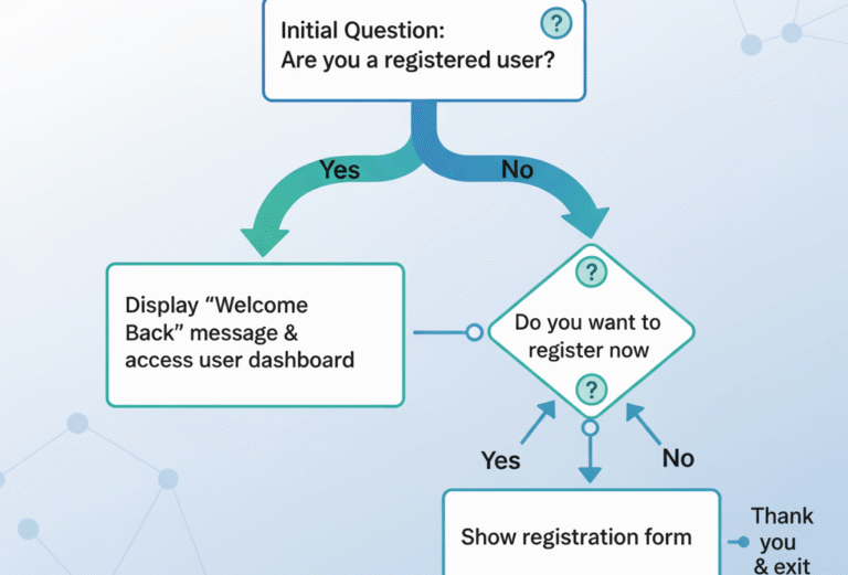 A flowchart demonstrating a "Logic Branching Flow" starting with an initial question: "Are you a registered user?" and showing different paths for "Yes" and "No" answers.