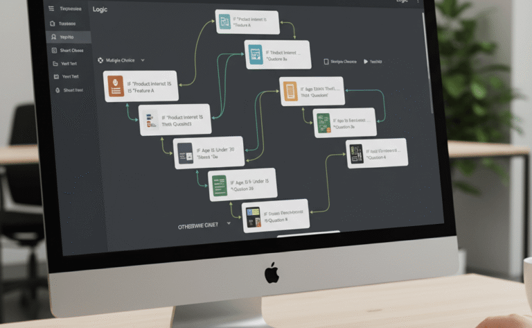 A close-up of an iMac screen displaying the Typeform Logic interface with a complex logic branching diagram, showing interconnected question blocks and conditional paths.