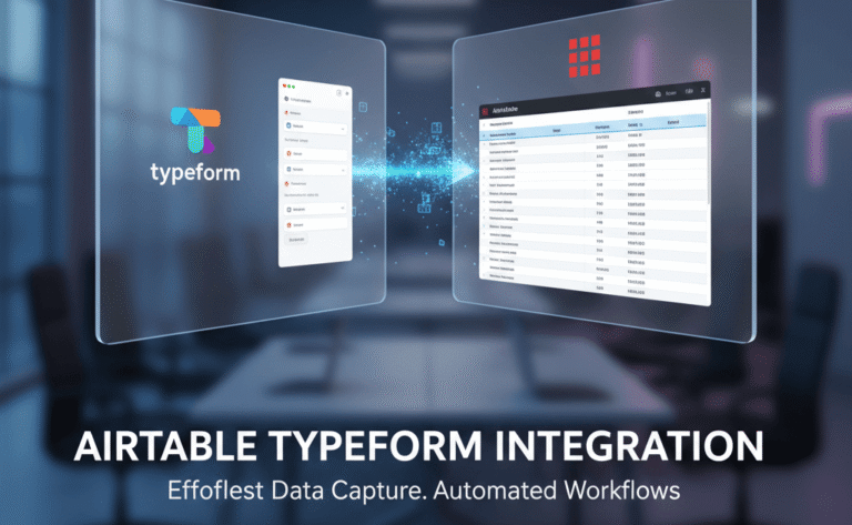 A digital graphic set against a blurred conference room background, showing a glowing blue data flow connecting the Typeform interface on the left to the Airtable spreadsheet interface on the right. The text at the bottom reads: "AIRTABLE TYPEFORM INTEGRATION. Effortless Data Capture. Automated Workflows."