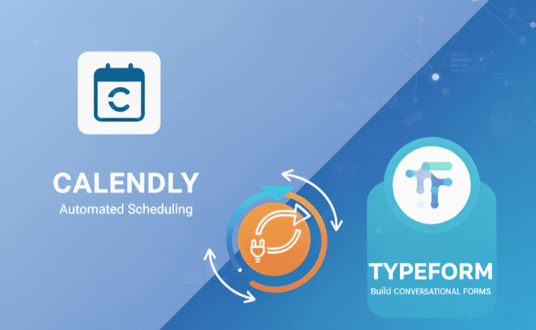 Illustration of Calendly Typeform integration showing Calendly and Typeform logos connected by automated scheduling workflow arrows.