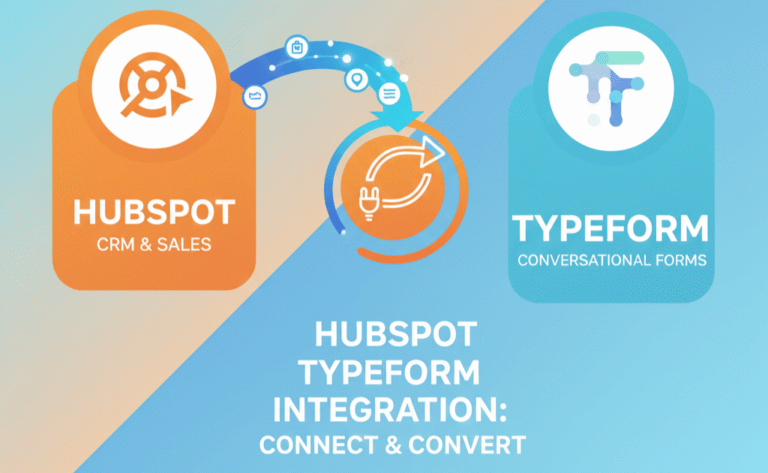 A marketing graphic showing an orange block labeled "HubSpot CRM & Sales" connected via a blue and white data flow arrow to a teal block labeled "Typeform Conversational Forms." A central text element reads: "HUBSPOT TYPEFORM INTEGRATION: CONNECT & CONVERT."