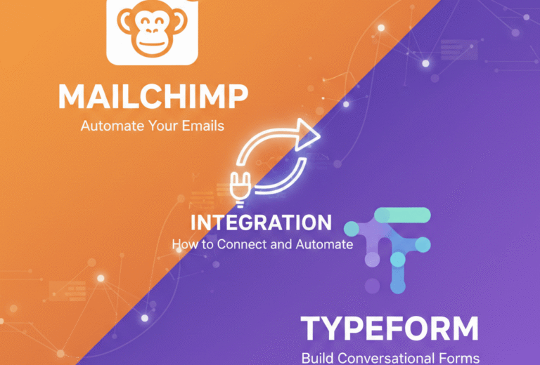 A graphic split diagonally between a bright orange section and a deep purple section, featuring the logos and names of Mailchimp and Typeform. A prominent looping arrow containing a power plug icon connects the two sides, signifying an "INTEGRATION" that is "How to Connect and Automate."
