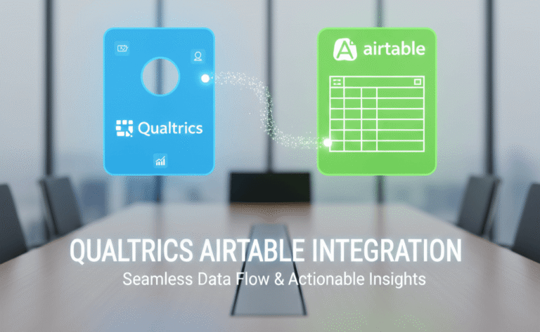 A digital graphic illustrating the seamless data flow between the blue Qualtrics platform icon and the green Airtable spreadsheet icon, with a dotted line connecting them. The text below reads: "QUALTRICS AIRTABLE INTEGRATION. Seamless Data Flow & Actionable Insights." The image is set against a blurred background of a modern conference room table.