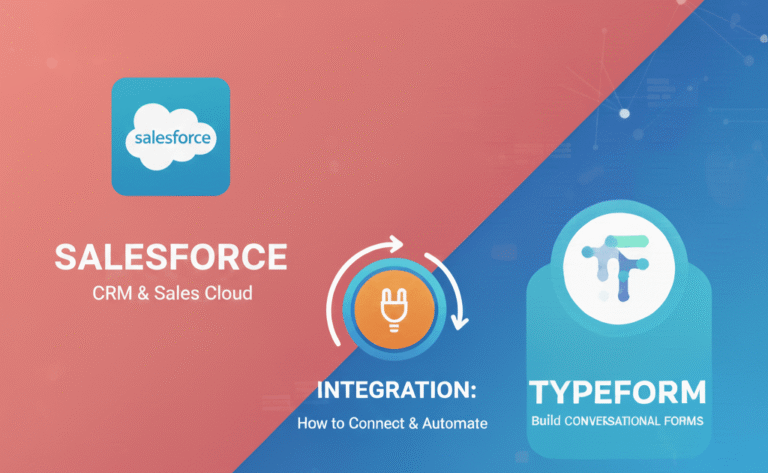 Illustration showing Salesforce and Typeform connected through an automation workflow, representing Salesforce Typeform integration for syncing form data into CRM.
