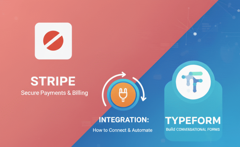 Visual illustration of Stripe Typeform integration showing Stripe and Typeform logos connected by automation workflow arrows for secure payments through Typeform.