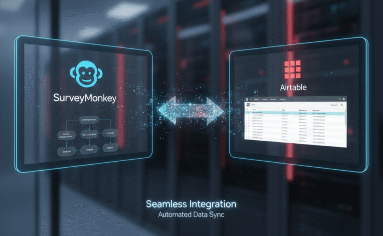 A dark, futuristic graphic showing a two-way, glowing blue data flow arrow connecting a digital display of the SurveyMonkey interface on the left to an Airtable spreadsheet interface on the right. The text below reads: "Seamless Integration" and "Automated Data Sync."