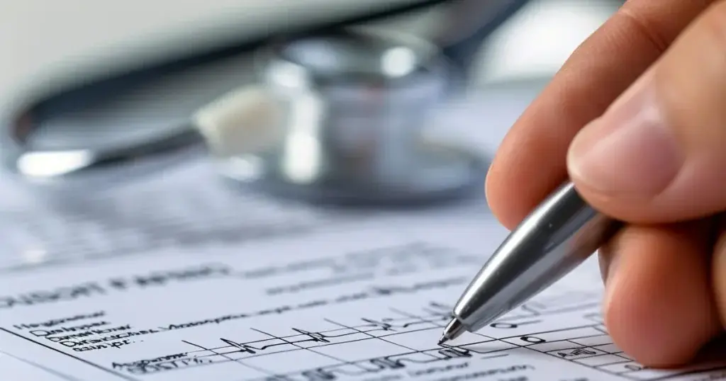 Researcher recording data and reviewing medical charts for SPSS data analysis with a stethoscope in the background.