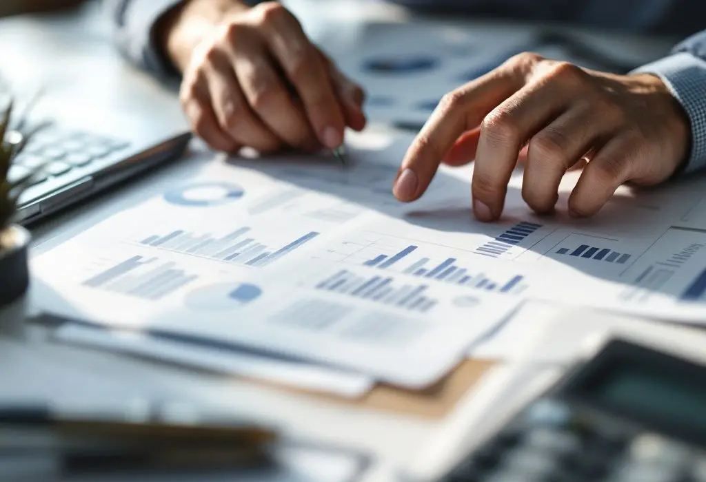 Analyst reviewing charts, graphs, and data reports to plan survey distribution and sampling strategy