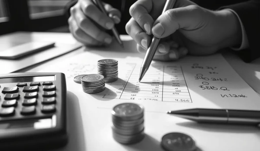 Statistician reviewing SPSS data outputs, financial charts, and numerical reports on a desk with a calculator and documents.