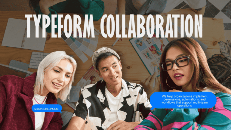 Group of team members collaborating at a workspace with “Typeform Collaboration” text displayed, representing teamwork, workflows, and multi-team operations using Typeform.