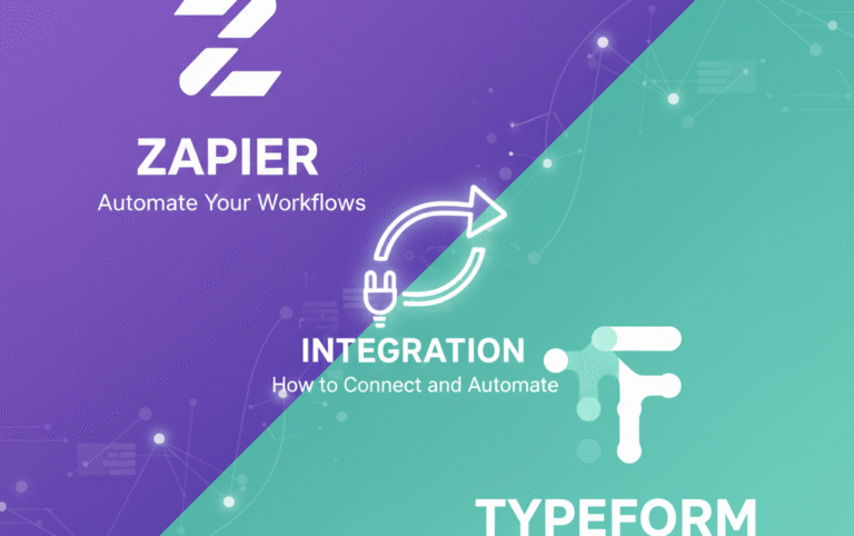 A graphic split diagonally between a purple section and a teal green section. The top purple side features the Zapier logo and name, while the bottom teal side features the Typeform logo and name. A prominent white looping arrow with a power plug icon connects the two sides, signifying an "INTEGRATION" that is "How to Connect and Automate."