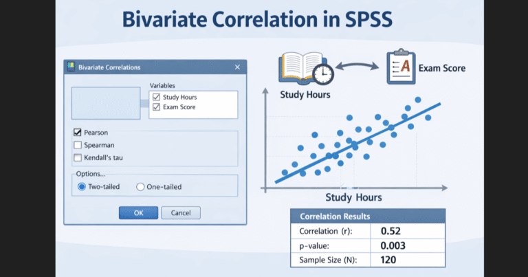 Bivariate correlation analysis in SPSS showing the relationship between study hours and exam scores