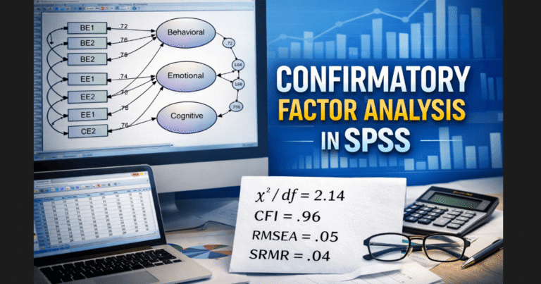 Confirmatory factor analysis in SPSS showing a CFA measurement model with latent variables, factor loadings, and model fit indices