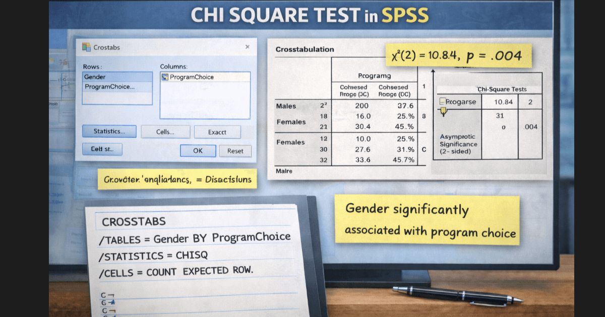 Chi square test in SPSS showing Crosstabs setup, observed and expected counts, chi square output, and SPSS syntax.