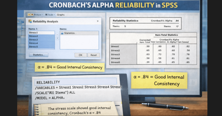 Cronbach’s alpha reliability in SPSS showing reliability analysis setup, alpha value, item-total statistics, and SPSS syntax.