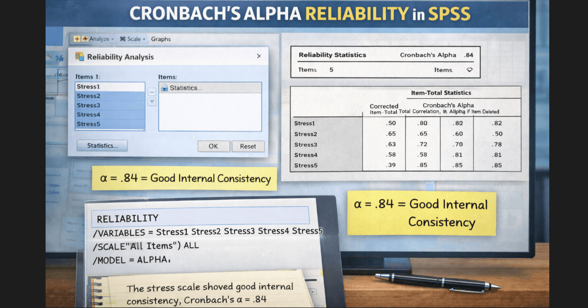 Cronbach’s alpha reliability in SPSS showing reliability analysis setup, alpha value, item-total statistics, and SPSS syntax.