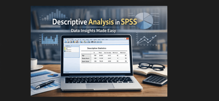 Descriptive analysis in SPSS showing descriptive statistics table with mean, standard deviation, minimum, and maximum values