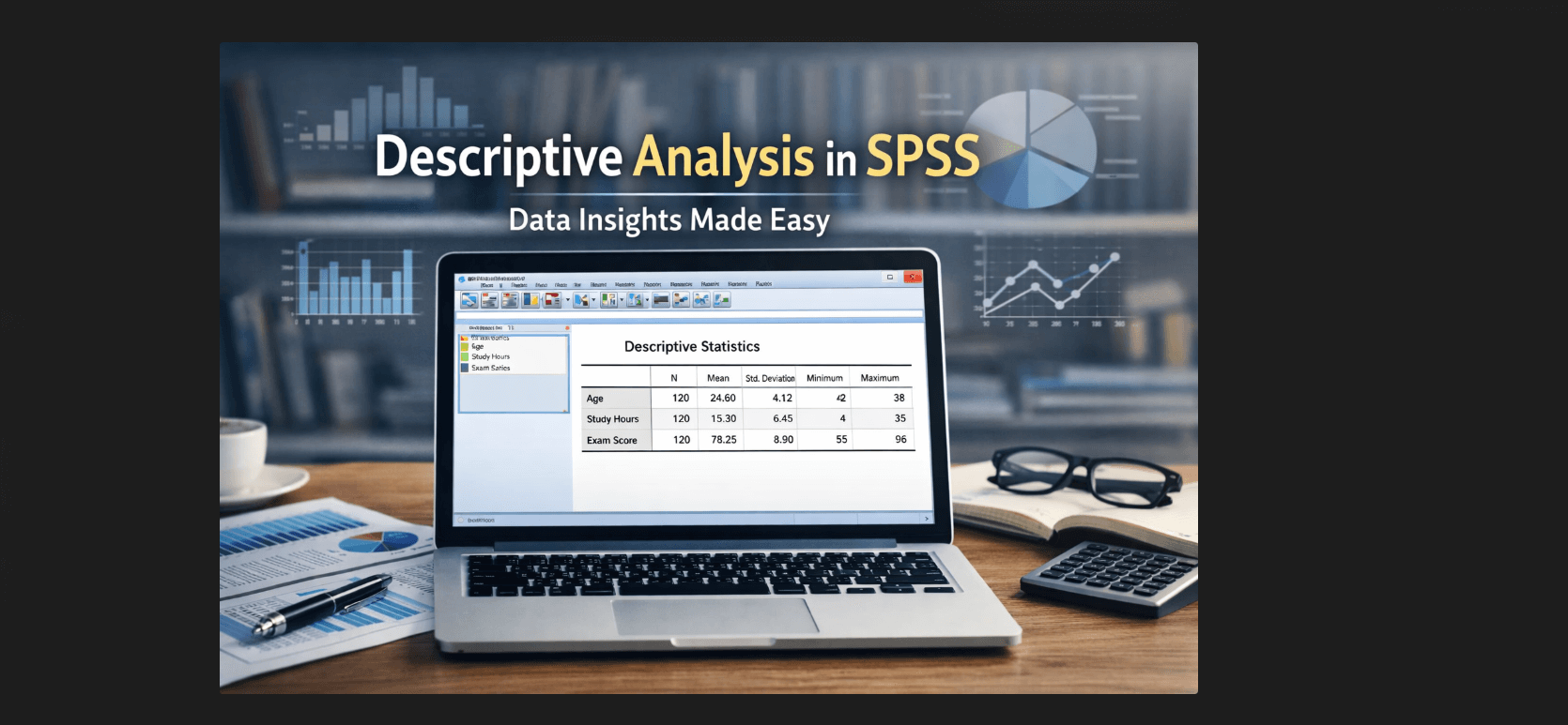 Descriptive analysis in SPSS showing descriptive statistics table with mean, standard deviation, minimum, and maximum values