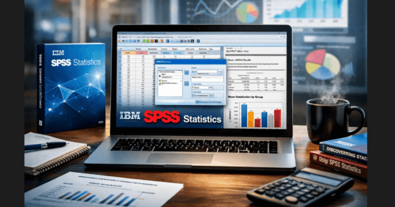 IBM SPSS free trial interface displayed on a laptop showing data analysis, charts, and ANOVA results