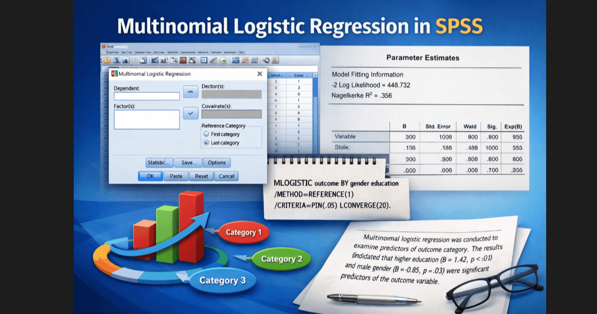 Multinomial logistic regression analysis in SPSS showing model setup, parameter estimates table, syntax output, and category comparison chart.