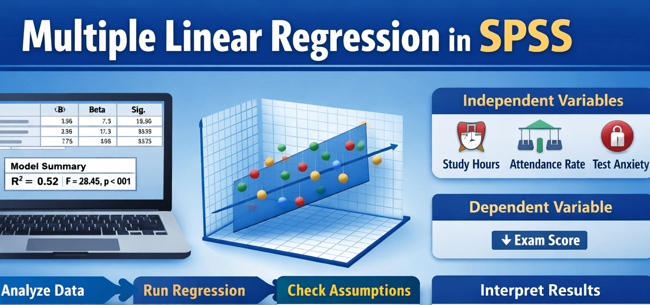 A laptop screen displaying SPSS multiple linear regression output alongside a 3D regression plot and visual icons showing predictors, assumptions, and interpretation steps for running multiple linear regression in SPSS.