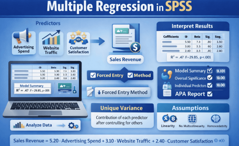 A digital infographic explaining multiple regression in SPSS, showing predictors such as advertising spend, website traffic, and customer satisfaction predicting sales revenue, along with sections on interpretation, assumptions, unique variance, and forced entry regression.