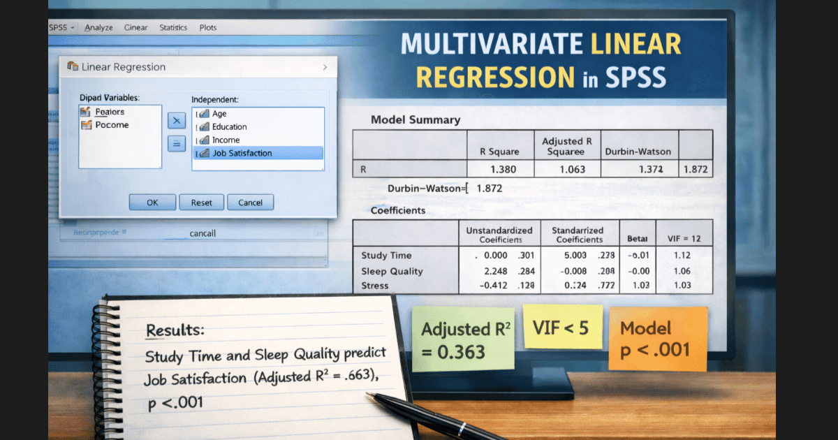 Multivariate linear regression in SPSS showing linear regression setup, model summary, coefficients table, and diagnostic statistics.