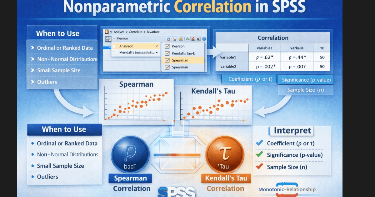 Nonparametric correlation in SPSS infographic showing Spearman and Kendall’s tau correlations, assumptions, scatterplots, and SPSS output interpretation.