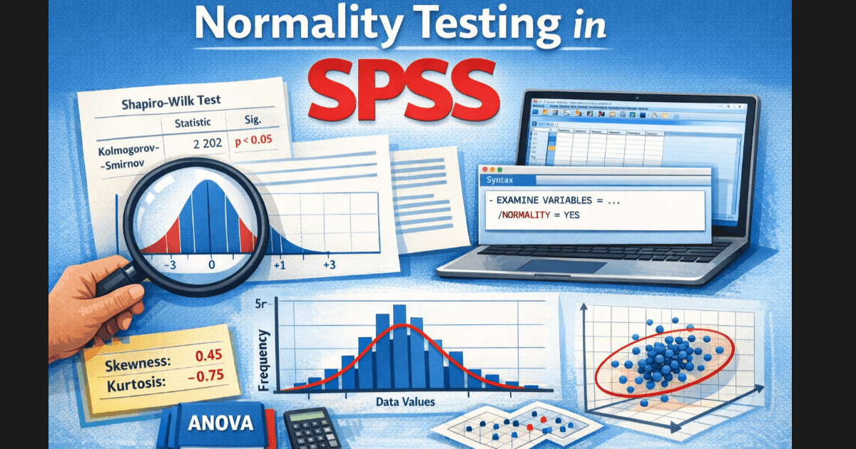 Normality testing in SPSS using histograms, Q–Q plots, Shapiro–Wilk results, and skewness and kurtosis values displayed on screen.