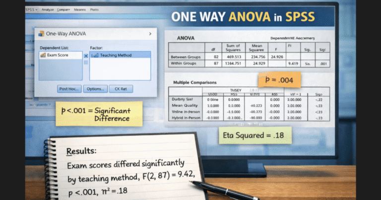 One way ANOVA in SPSS showing factor setup, ANOVA output table, multiple comparisons, and effect size results.