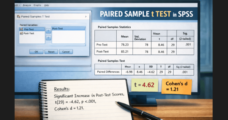 Paired sample t test in SPSS showing paired variables setup, output tables, t value, p value, and Cohen’s d effect size.